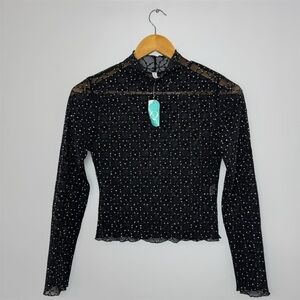 New Sheer Black Fitted Long Sleeve Blouse Glitter M Top